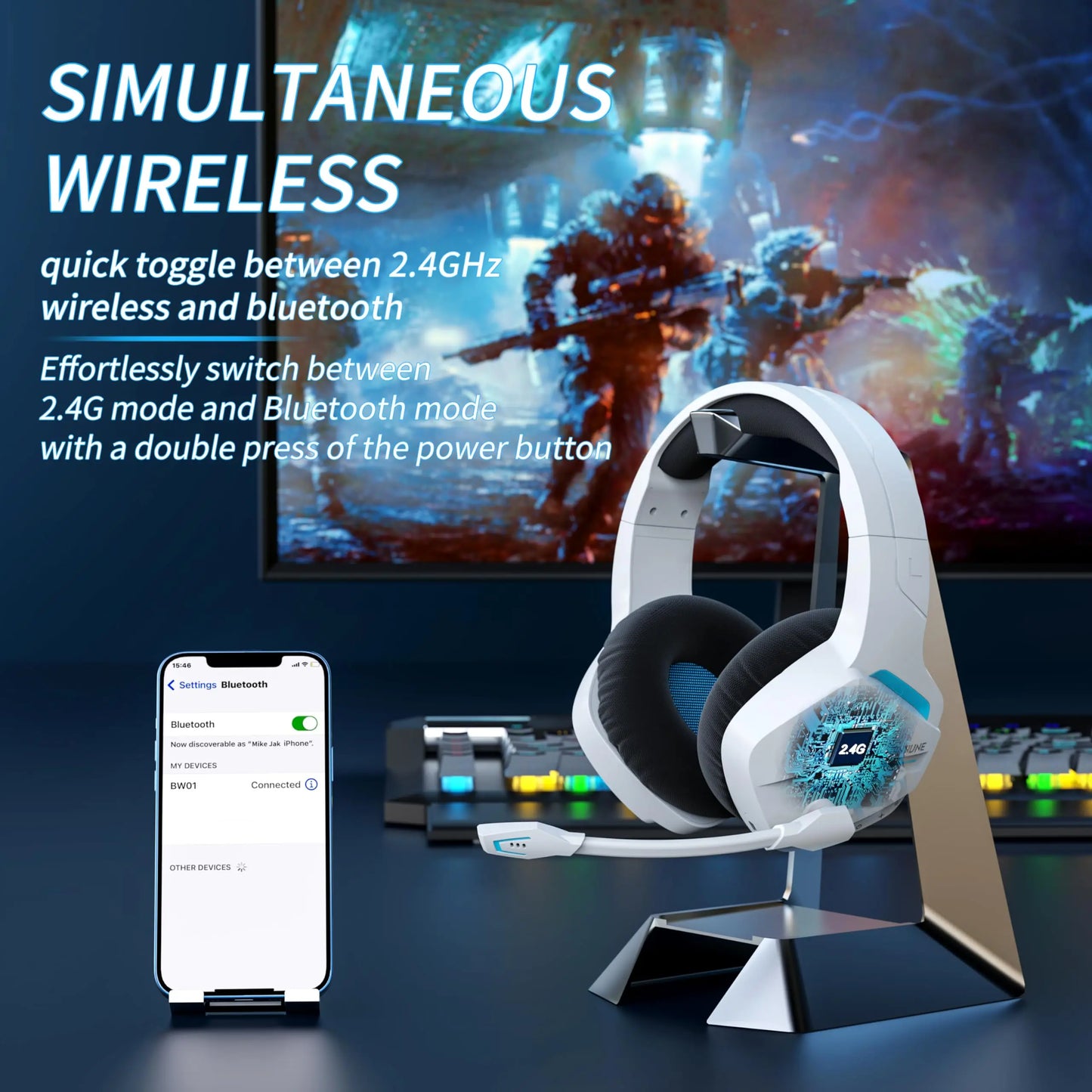 Wireless Gaming Headset BINNUNE BW01 for PC PS4 PS5