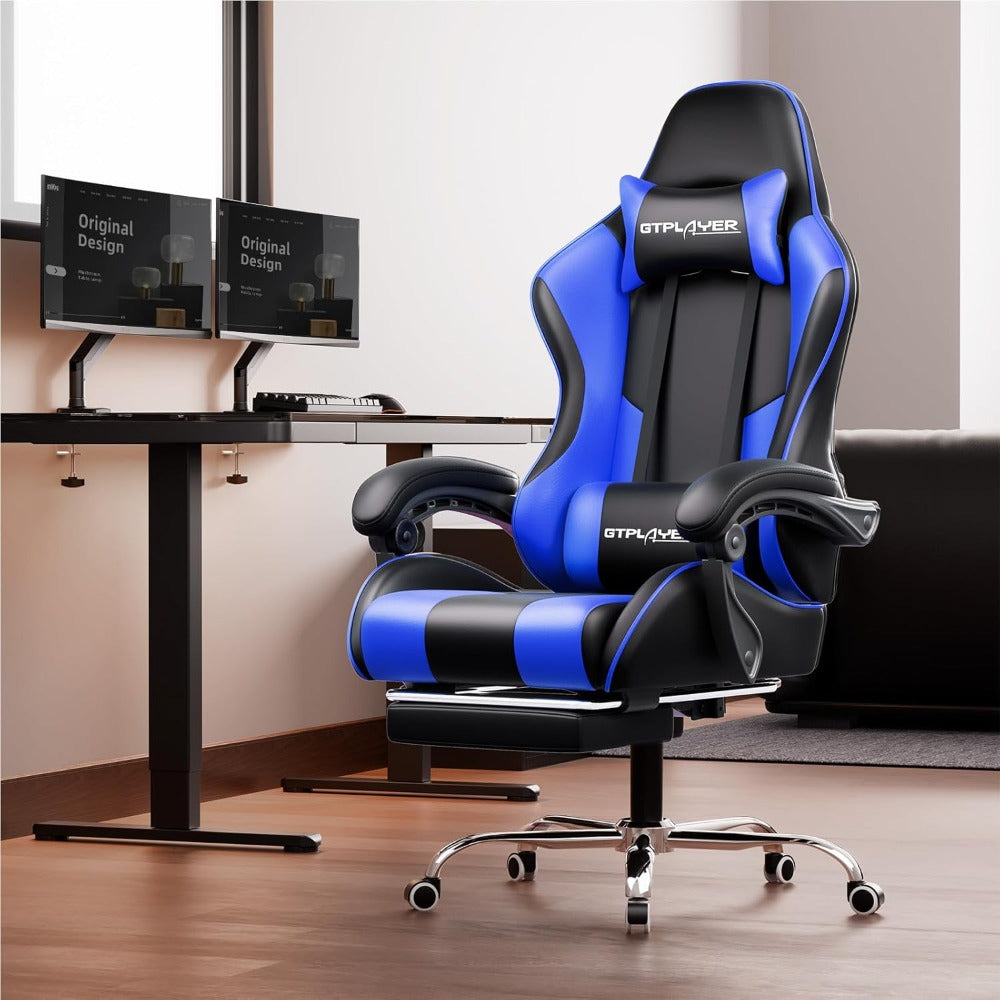 Gaming Chair with Footrest & Lumbar Support, 360° Swivel