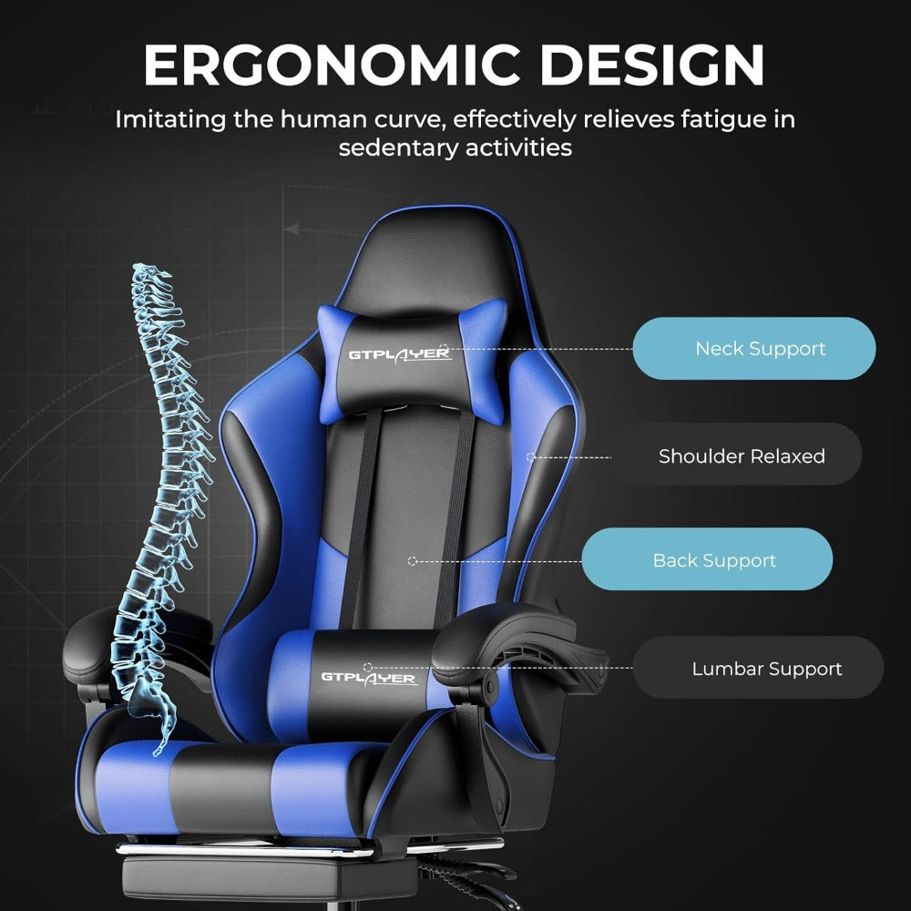 Gaming Chair with Footrest & Lumbar Support, 360° Swivel