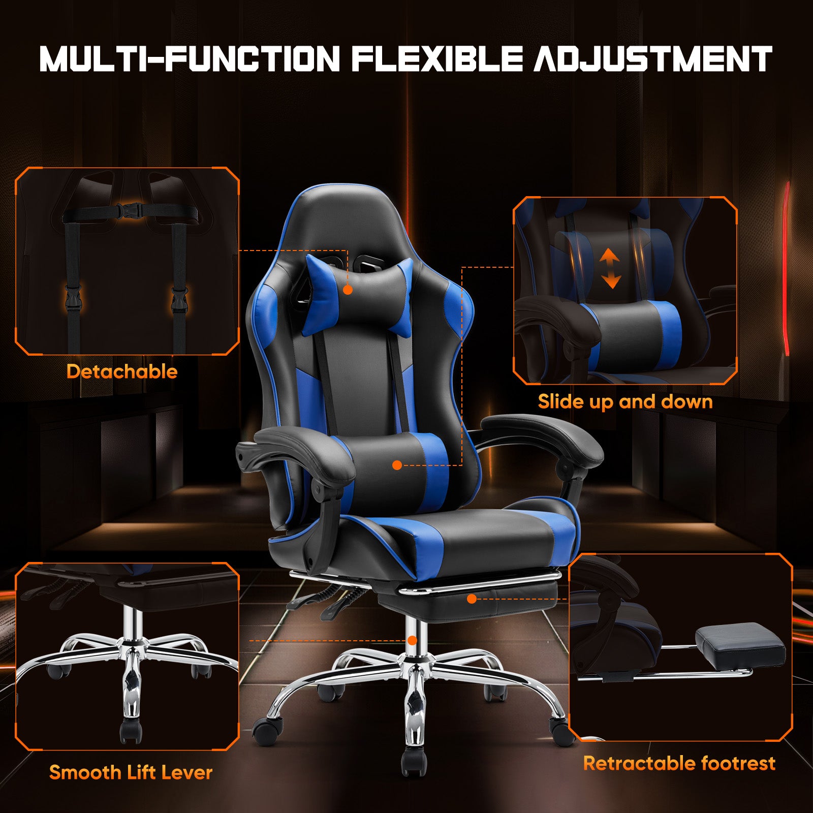 Ergonomic Racing Gaming Chair - PU Leather, Lumbar Support